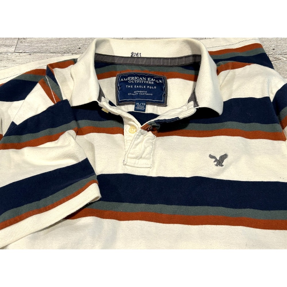 American Eagle Polo Shirt Mens XLarge White Green Blue Stripe Preppy Collared XL
